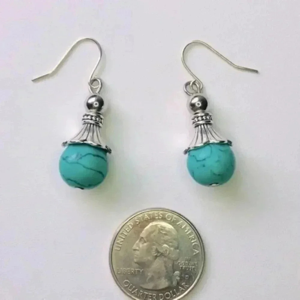 Silver & Tibetan Turquoise Marble Drop Earrings NWT